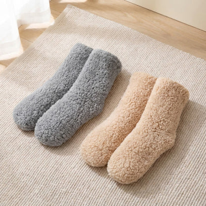 Solid White Fluffy Mid-Calf Slipper Socks (2 Pairs) - Khaki+Grey - EU36-42(US3-8.5) - image 8