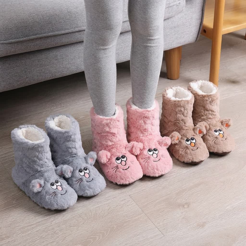 Pink Cartoon Cat Face Fuzzy Slipper Socks - image 1
