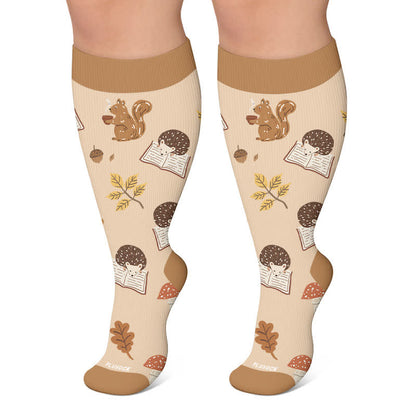 Plus Size Autumn Cats Hedgehogs Compression Socks - Khaki - 4XL - image 5