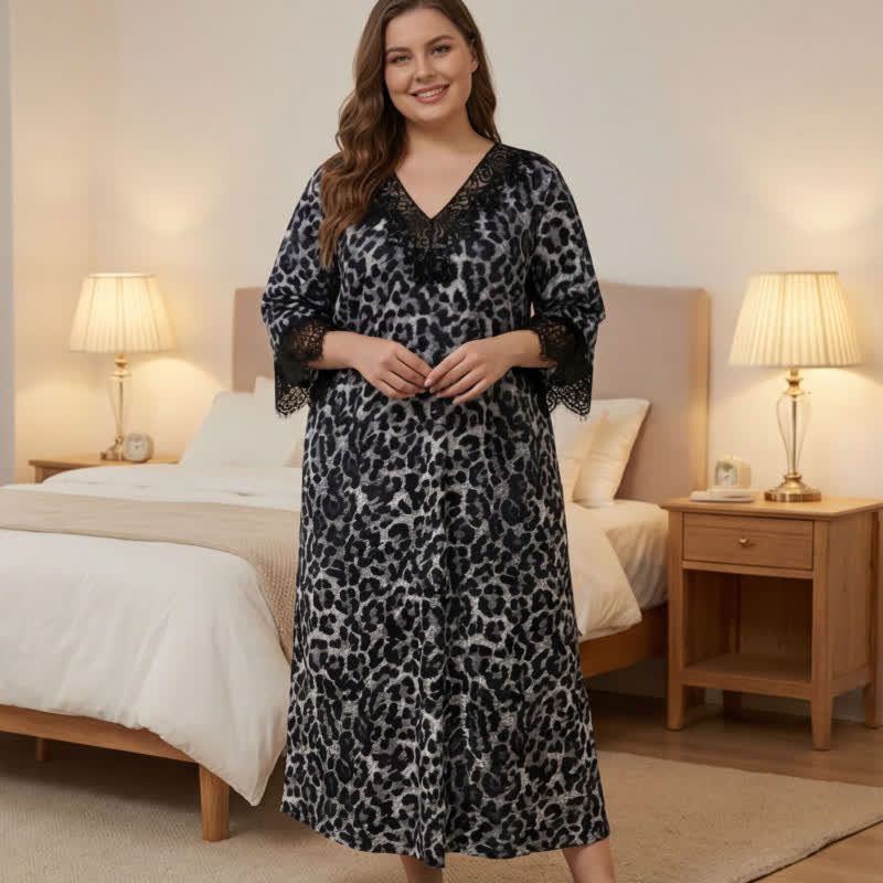 Leopard Lace Nightgown Loungewear - Black - 4XL - image 3