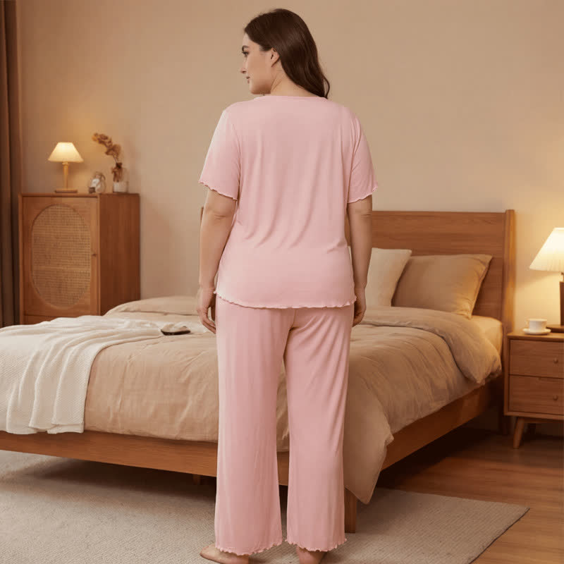 Plus Size Soft Pink Lace Trim Pajama Set - image 2