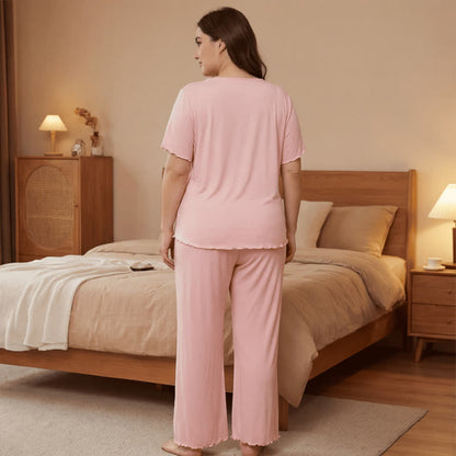 Plus Size Soft Pink Lace Trim Pajama Set - image 2
