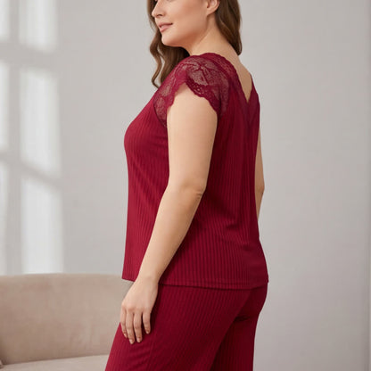 Ribbed Lace Trim V Neck Pajama Set - image 7