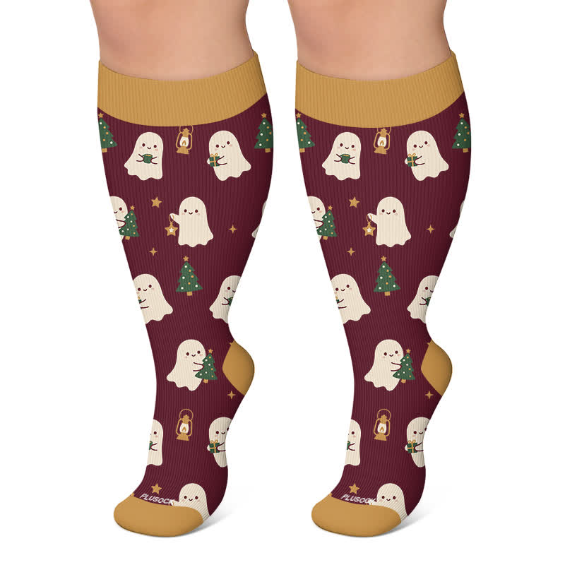 Plus Size Ghost Turtle Holiday Tv Compression Socks - Wine - 4XL - image 4