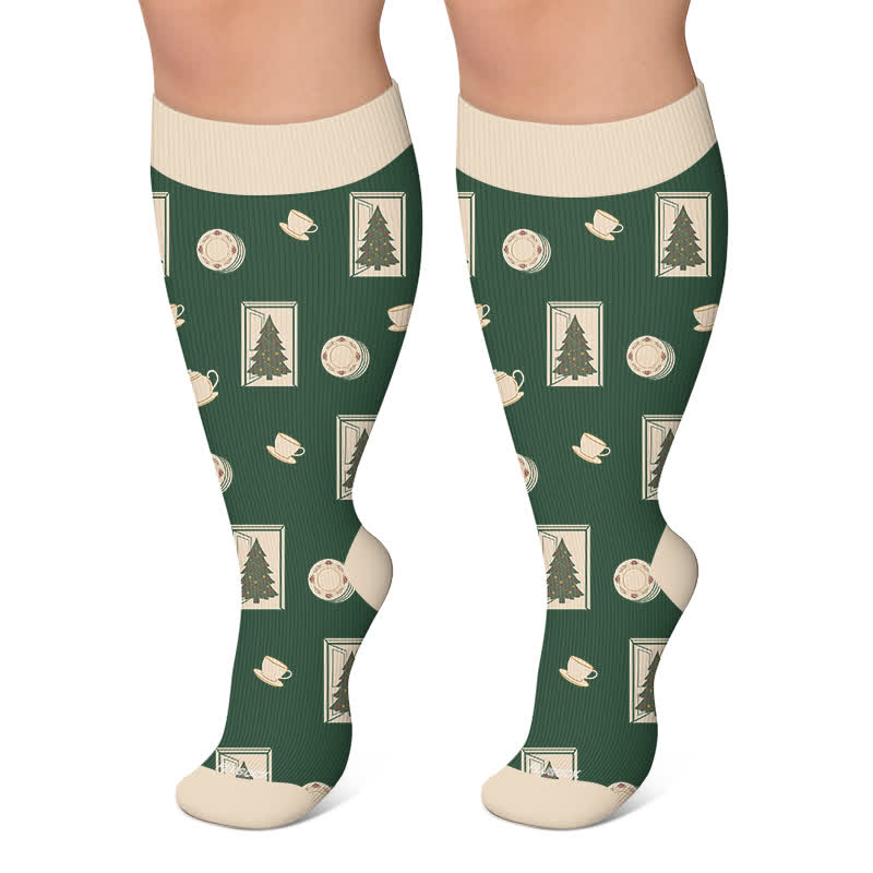 Plus Size Christmas Village Compression Socks - Green - 4XL - image 4
