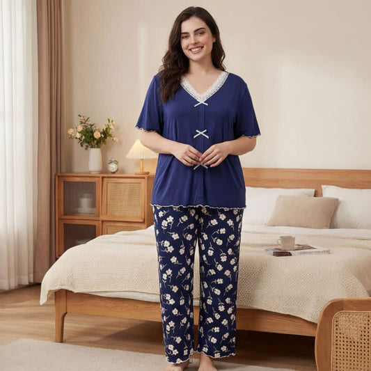 Flower Lace Bow Pajama Set - Navy Blue - 4XL - image 0