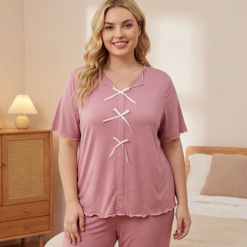 Classic Bow Trim Pajama Set - Pink - 5XL - image 7