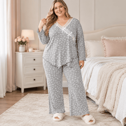 Bow Lace Wrap Pajama Set - Grey - 4XL - image 0