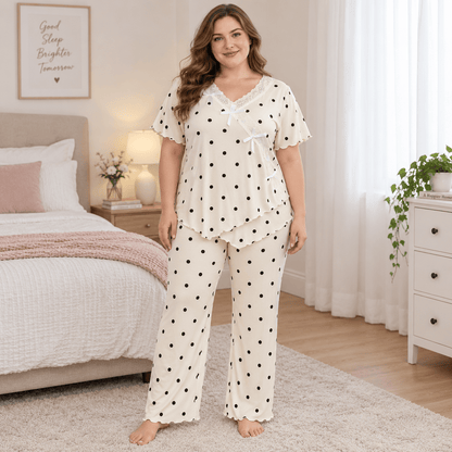 Lace Polka Dot Pajama Set - Beige - 4XL - image 0