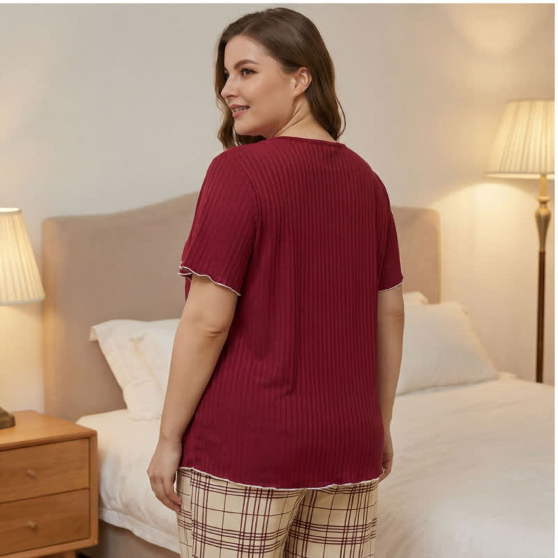 Lace Collar Plaid Pajama Set - image 3