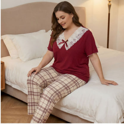 Lace Collar Plaid Pajama Set - image 2