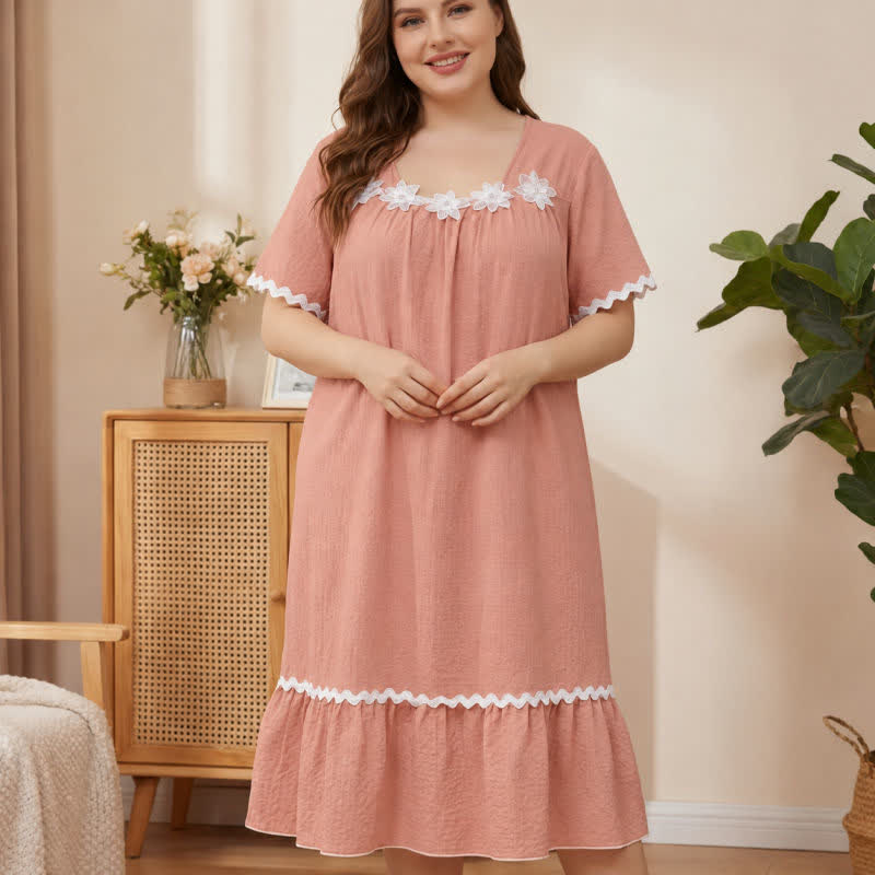 Floral Applique Lounge Nightgown - Dark Pink - 5XL - image 0