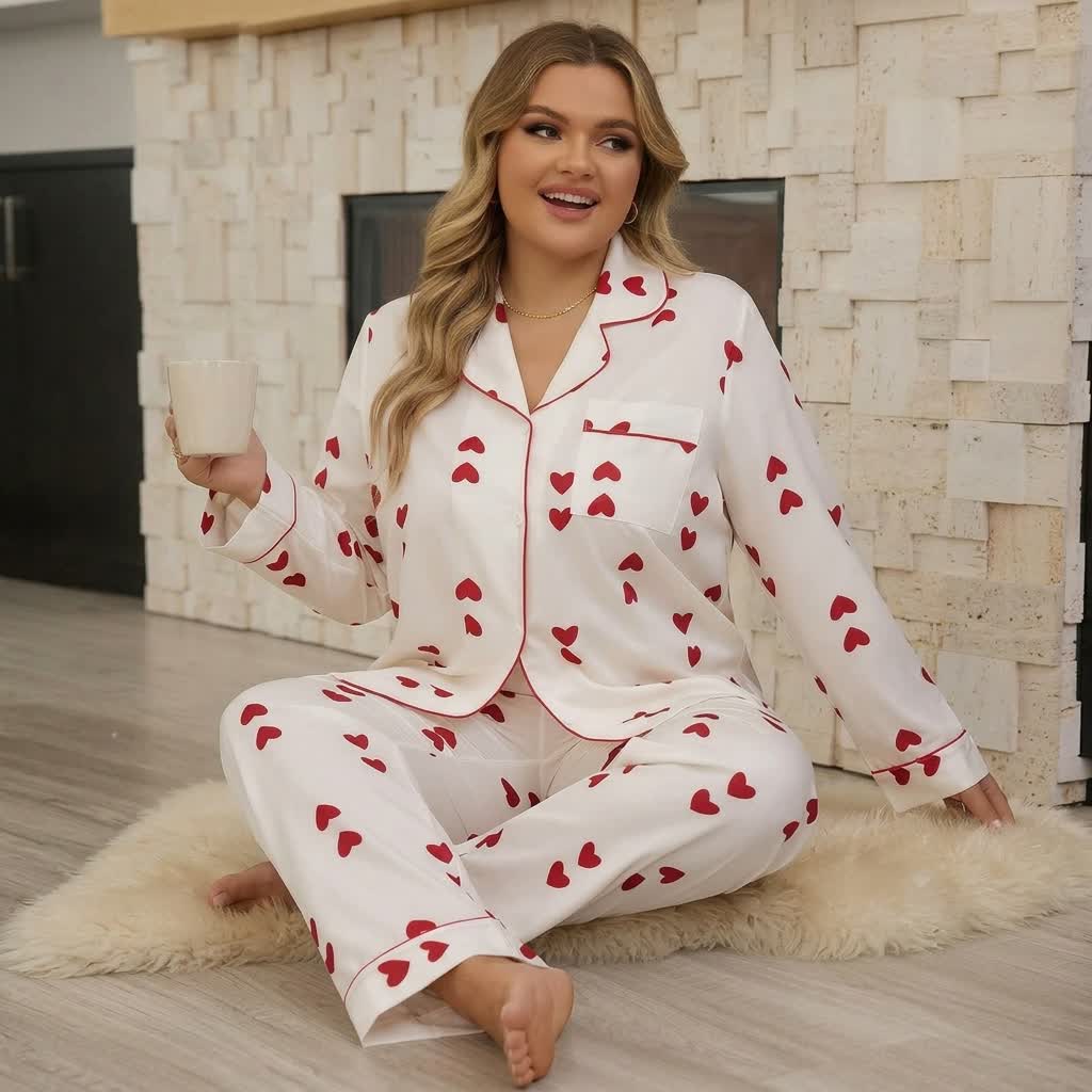 Heart Print Satin Pajama Set - image 1