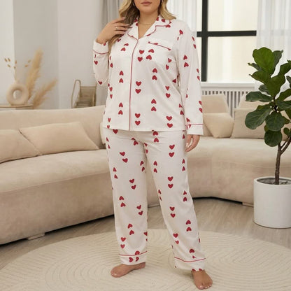 Heart Print Satin Pajama Set - White - 4XL - image 0