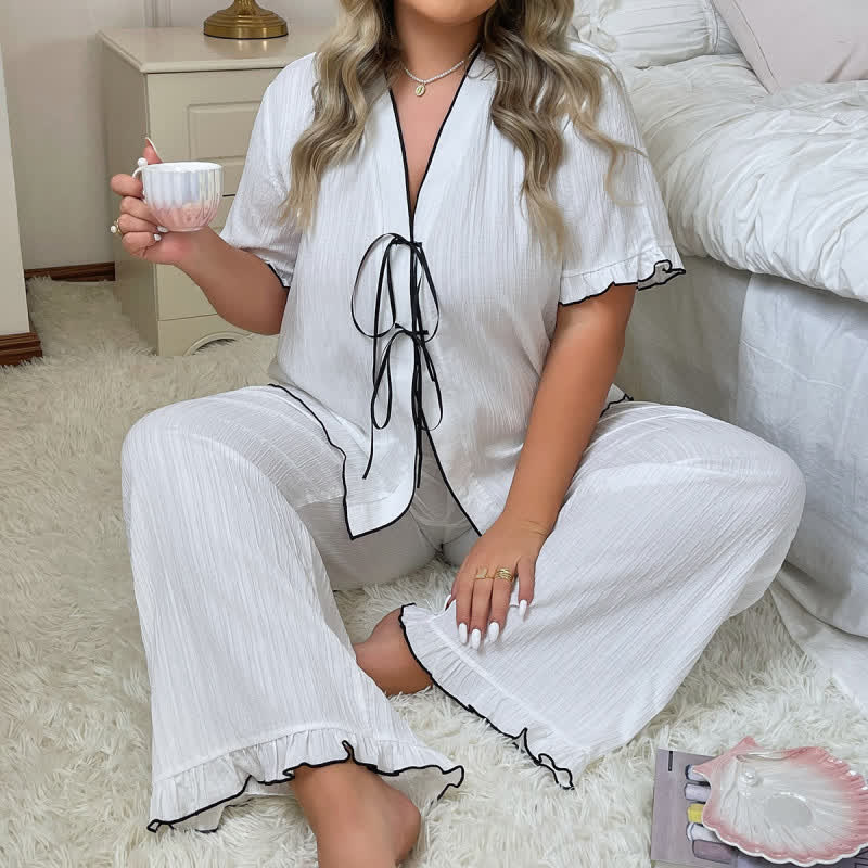 Bow Trim Textured Pajama Set - image 1