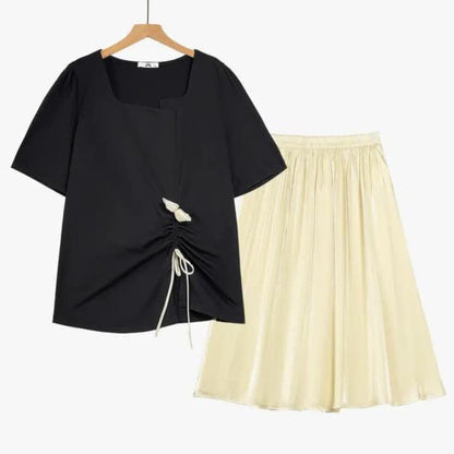 Plus Size Drawstring Top and Flowy Skirt Set - image 1