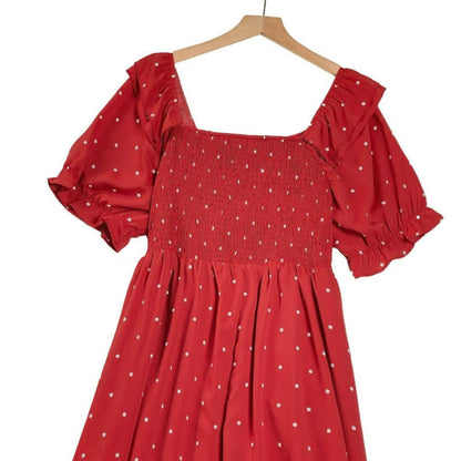 Red Polka Dot Smocked Midi Dress - image 1