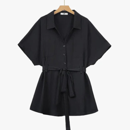 Plus Size Black Tie Waist Shirt and Wide Leg Pants Set - image 1