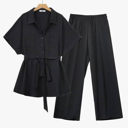 Plus Size Black Tie Waist Shirt and Wide Leg Pants Set - Black - 6XL - image 0