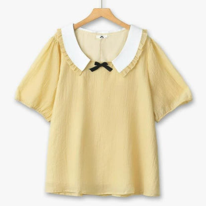 Plus Size Ruffle Collar Bow Puff Sleeve Blouse - Yellow - 6XL - image 0