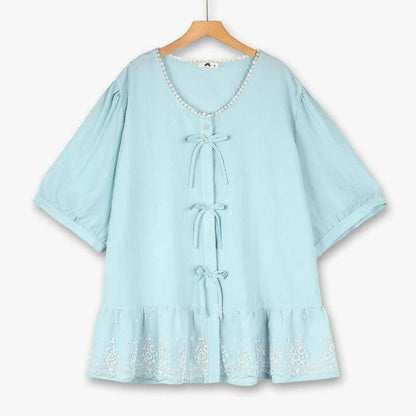 Plus Size Bow Lace Blouse - Light Blue - 6XL - image 0