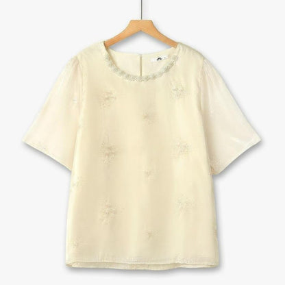 Plus Size Floral Textured Lace Neck Blouse - Beige - 6XL - image 0