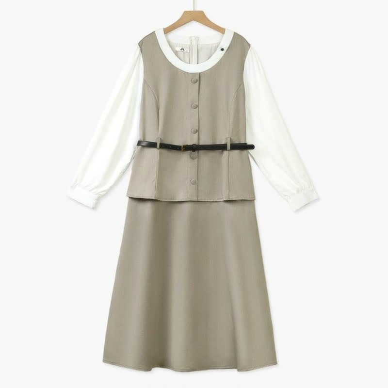 Vintage Layered Belted Midi Dress - Khaki - 6XL - image 0