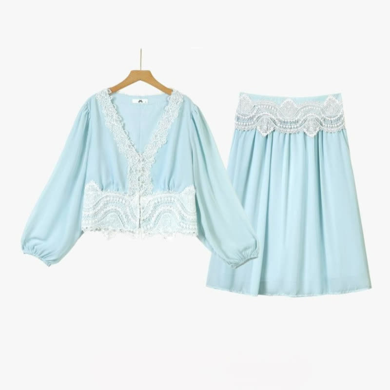 Plus Size Sky Blue Lace Trim Two Piece Skirt Set - Light Blue - 6XL - image 0