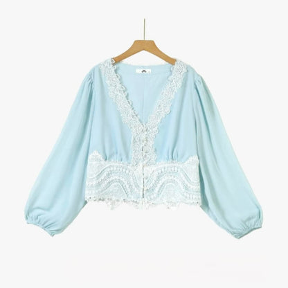 Plus Size Sky Blue Lace Trim Two Piece Skirt Set - image 1