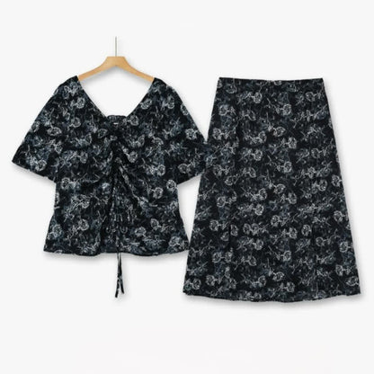 Plus-Size Black Floral Two-Piece Skirt Set - 2Pcs Set - 6XL - image 0