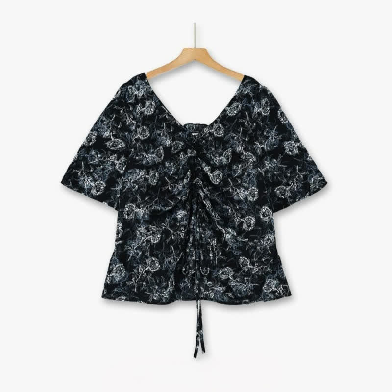Plus-Size Black Floral Two-Piece Skirt Set - Blouse - 6XL - image 1