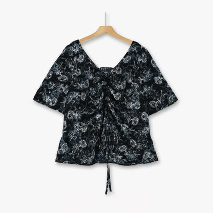 Plus-Size Black Floral Two-Piece Skirt Set - Blouse - 6XL - image 1
