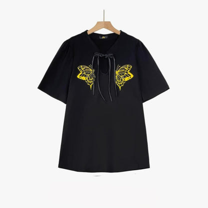 Plus Size Butterfly Print Tie Neck Summer Blouse - Black - 6XL - image 2