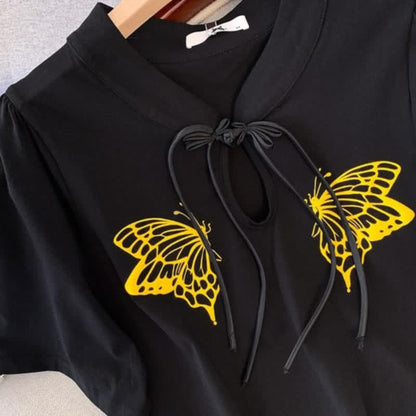 Plus Size Butterfly Print Tie Neck Summer Blouse - image 5
