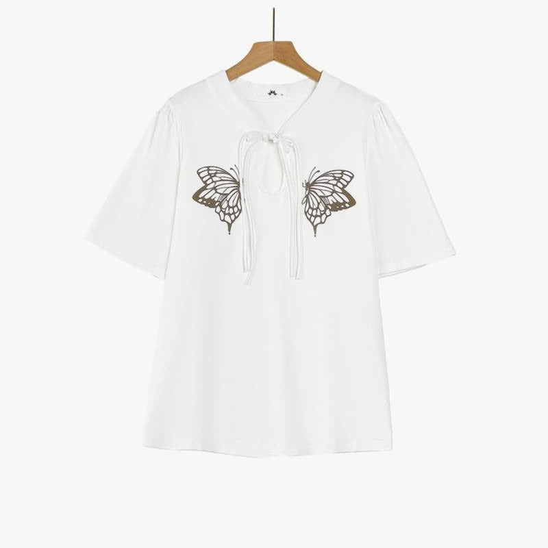Plus Size Butterfly Print Tie Neck Summer Blouse - White - 6XL - image 1