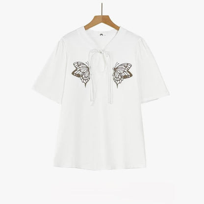 Plus Size Butterfly Print Tie Neck Summer Blouse - White - 6XL - image 1