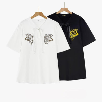Plus Size Butterfly Print Tie Neck Summer Blouse - image 0