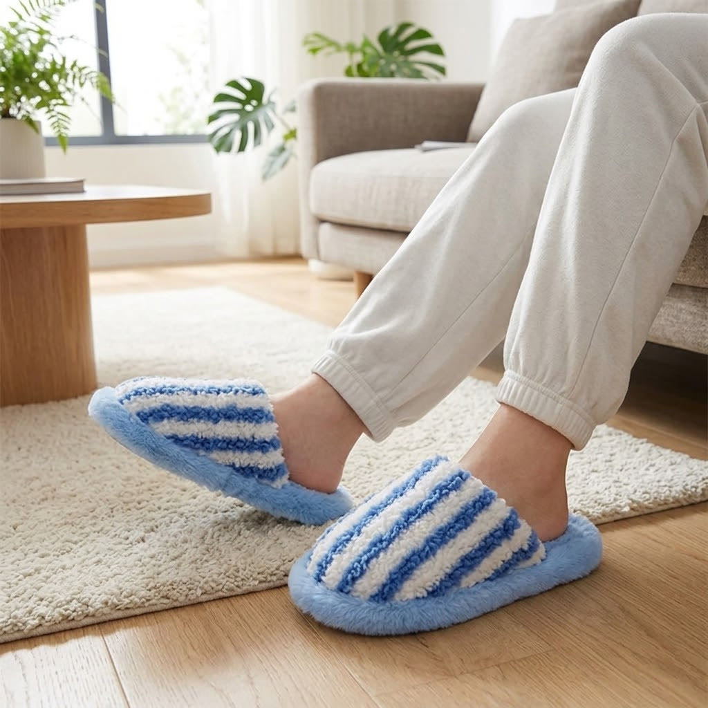 Cozy Striped Plush Indoor Slippers - Blue - EU40-41(US6-7) - image 1