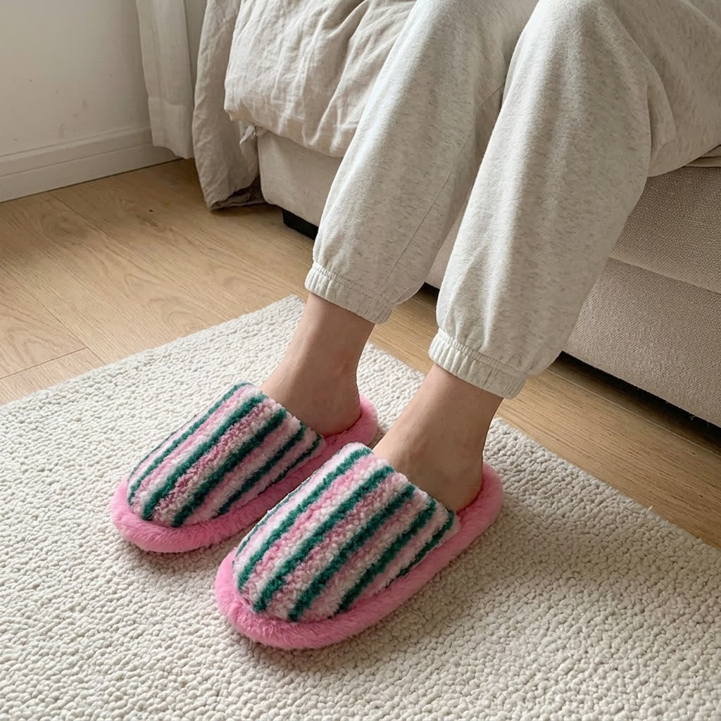 Cozy Striped Plush Indoor Slippers - Pink - EU40-41(US6-7) - image 0