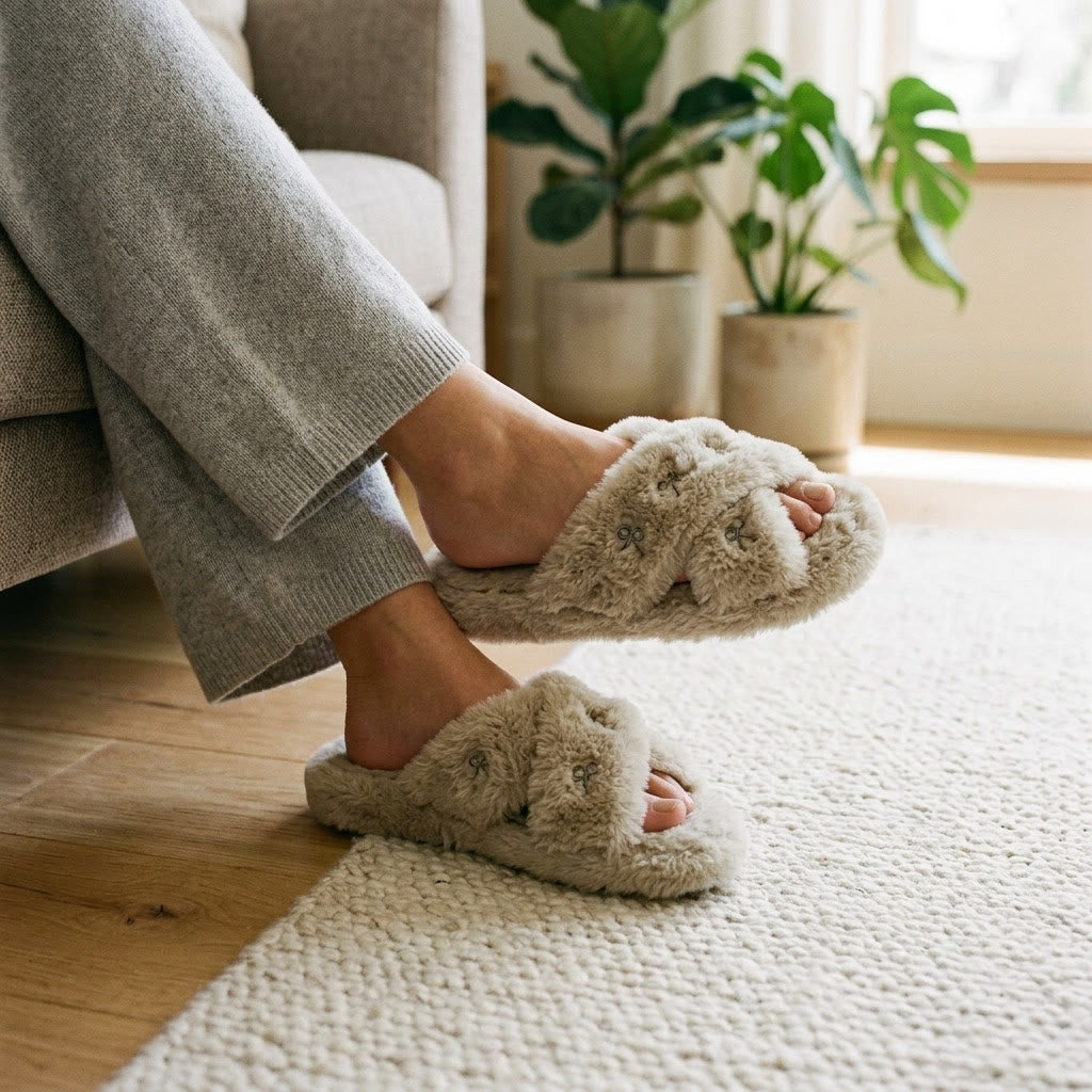 Cross Band Plush Open Toe Slippers - image 2