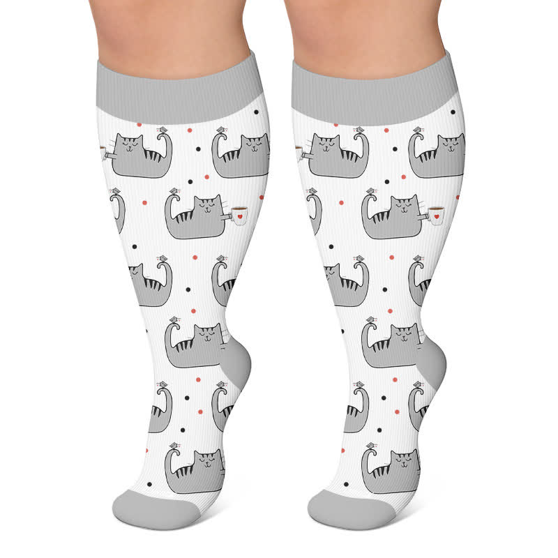 Plus Size Playful Cat Compression Socks - Grey - 4XL - image 4