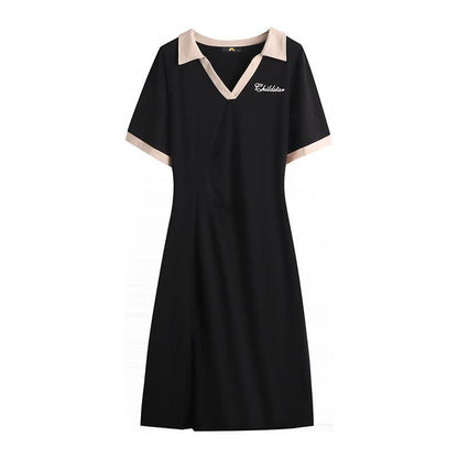 Contrast Collar Casual Midi Dress - Black - 7XL - image 1