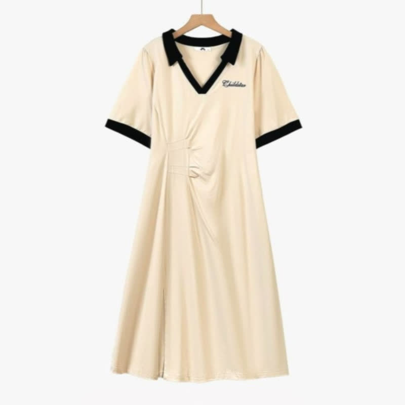 Contrast Collar Casual Midi Dress - Beige - 7XL - image 0