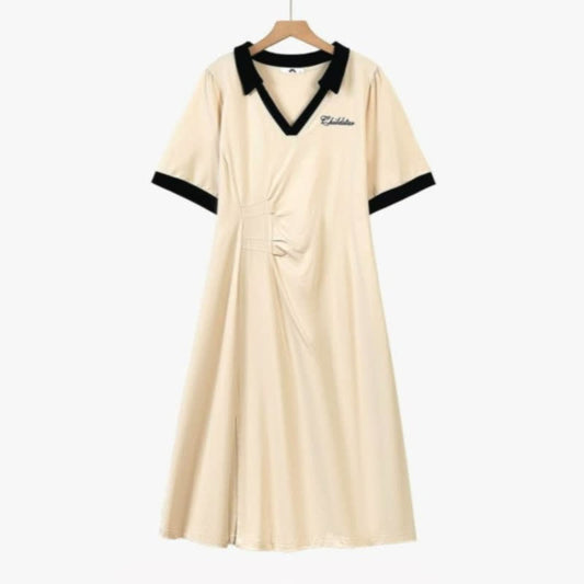 Contrast Collar Casual Midi Dress - Beige - 7XL - image 0