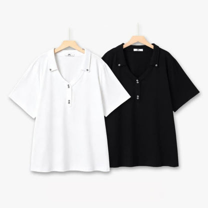 Plus Size Buttoned V Neck Cotton Blend Blouse - image 0