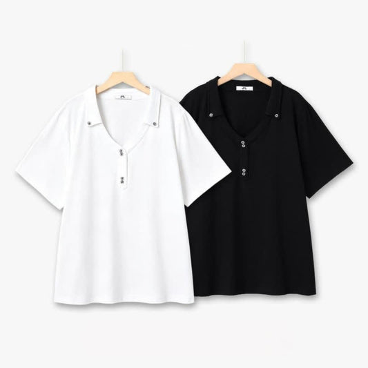 Plus Size Buttoned V Neck Cotton Blend Blouse - image 0