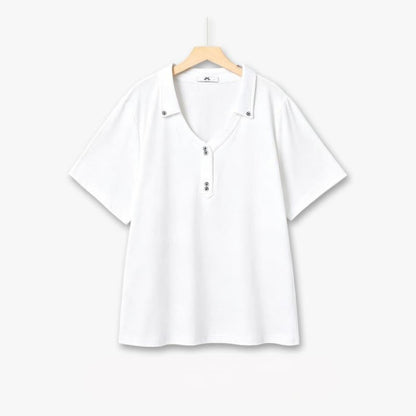 Plus Size Buttoned V Neck Cotton Blend Blouse - White - 6XL - image 1