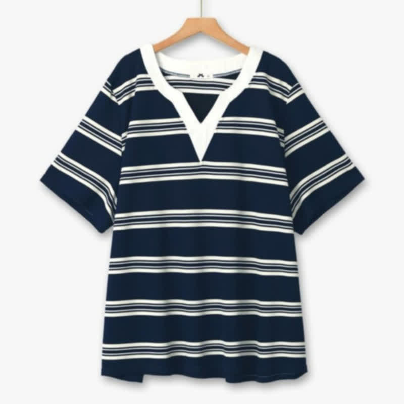Contrast Stripe V-Neck Casual Comfort Blouse - Blue - 6XL - image 0