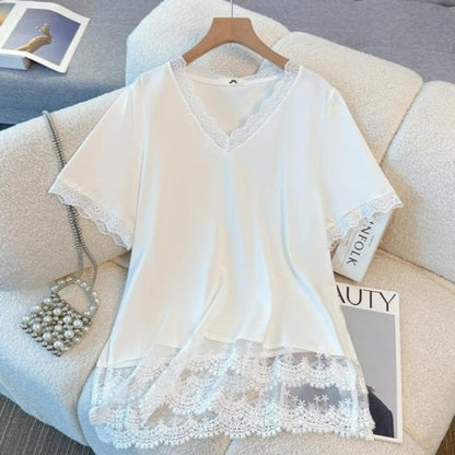 Plus Size Lace Hem Top and Navy Floral Pants Set - Blouse - 6XL - image 1