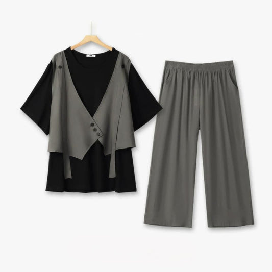 Casual Layered V Neck Two Piece Pant Set - Grey - 6XL - image 0